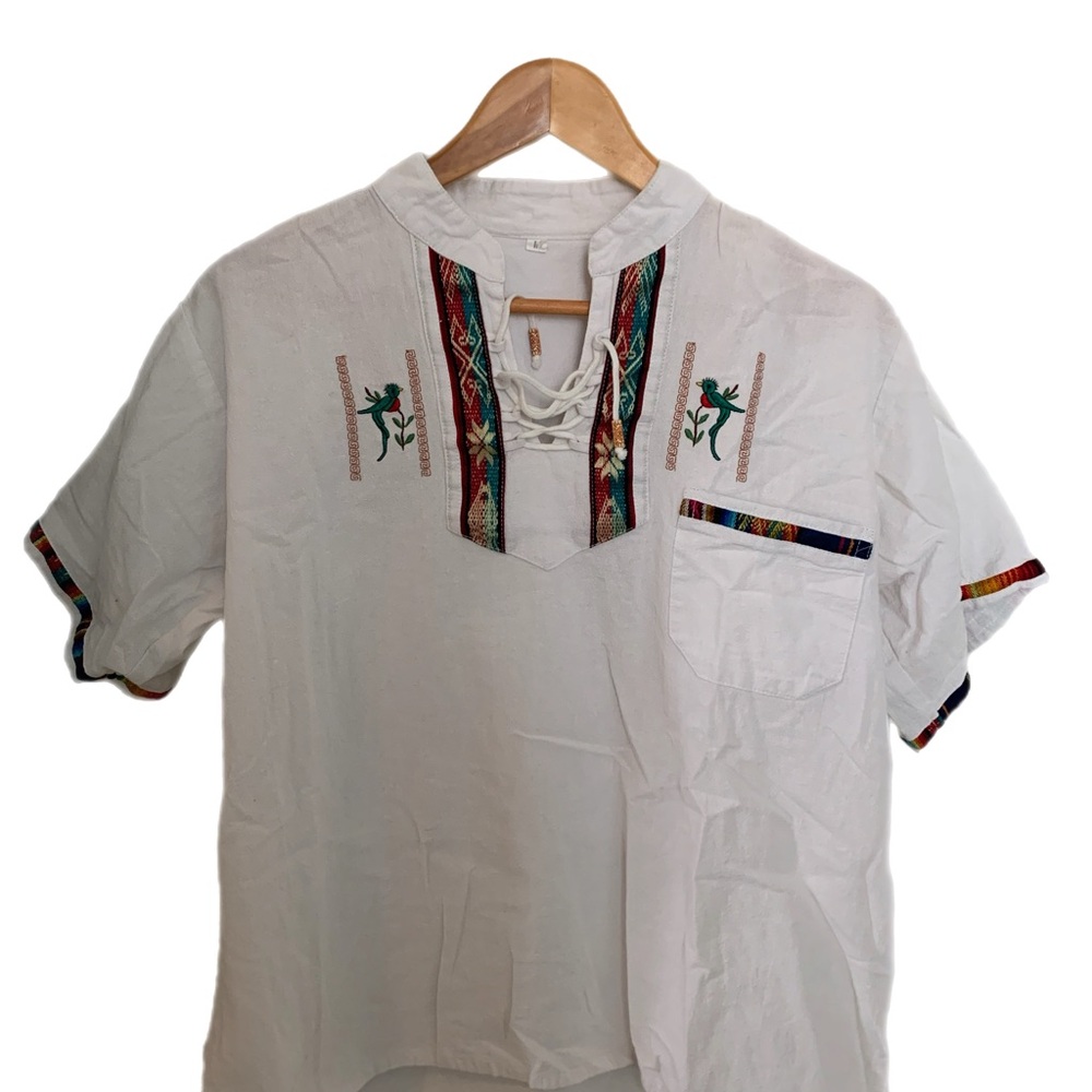 White Embroidered Linen Traditional Short Sleeve Shirt Guatemala Medium